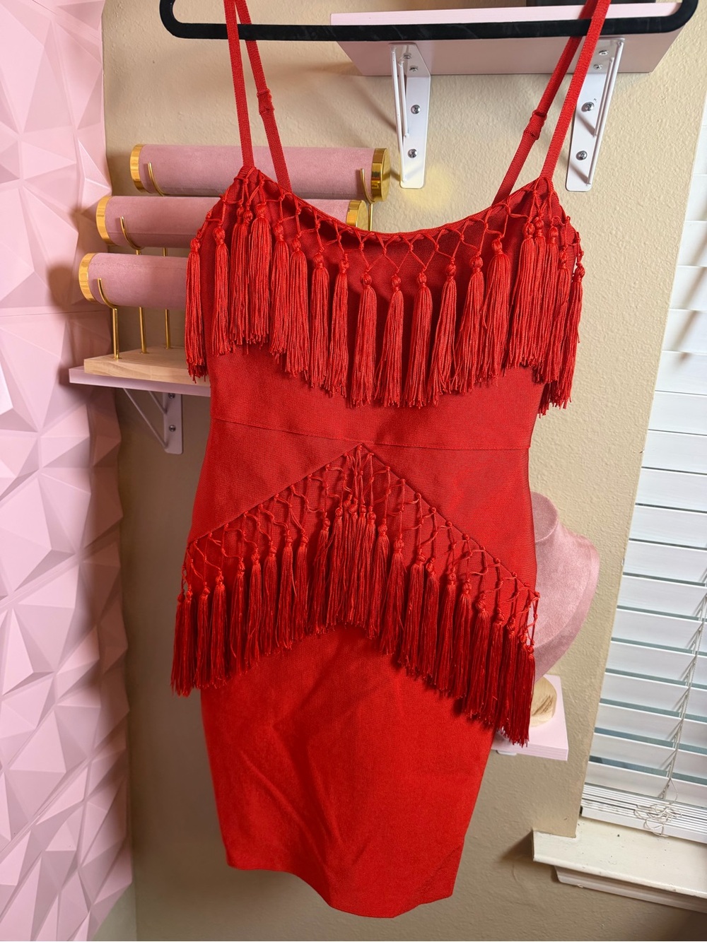 Red Fringe Spaghetti-Strap Dress